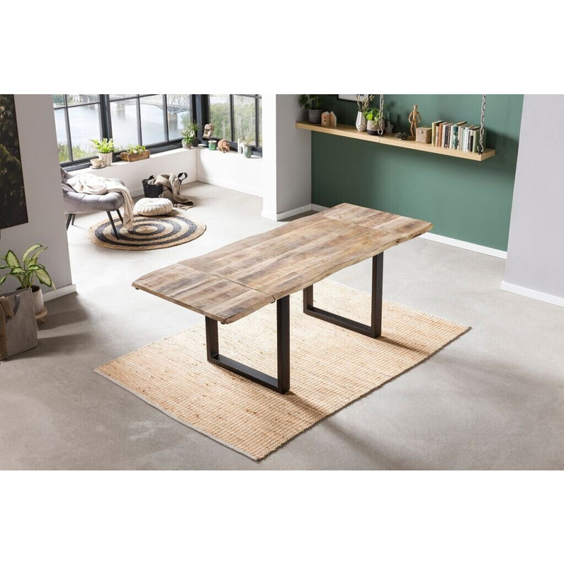 Sam Esstisch Mango Natur mit Baumkante 140(220) x 90 cm - Ansteckplatten Schwarz, NOAR