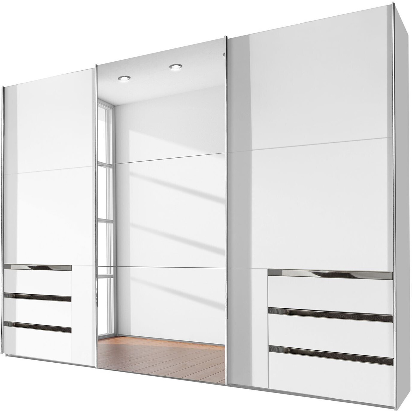 Kleiderschrank Fresh to Go Level mit 3 Schubladen, 3-türig, 300x216 cm, Weiß mit Spiegel