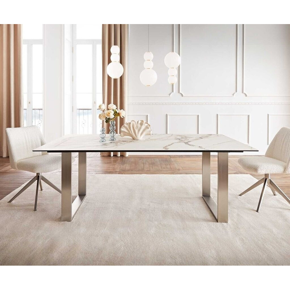 DeLife Esstisch Edge – 200x100 cm – Keramik Calacatta Luxe in Weiß-Gold-Grau – Edelstahl-Sockel