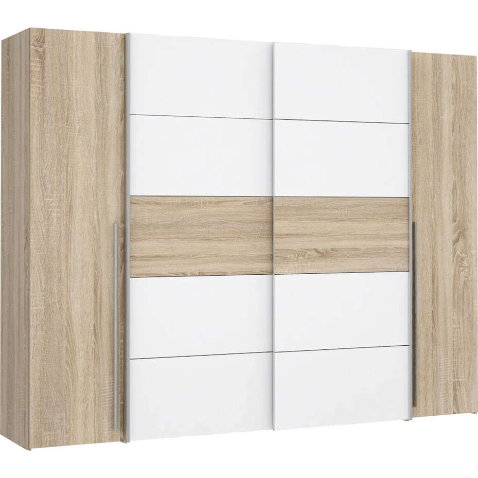 Forte Narago Schwebetürenschrank - 270,3 x 210 x 61 cm - 4 Türen - Weiß (Sonoma Eiche | Weiß)