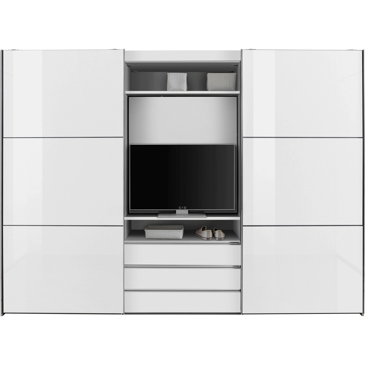 Fresh to Go Magic Kleiderschrank mit TV-Element – 300x216 cm – Weiß/Weißglas